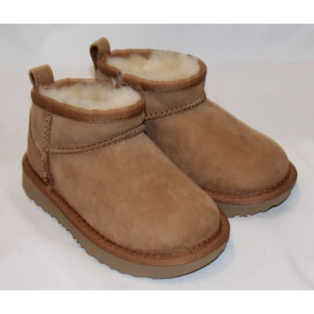 NIB UGG TODDLER‎ ULTRA MINI ZIP SUEDE SHEARLING LINED BOOTS CHESTNUT SZ 8